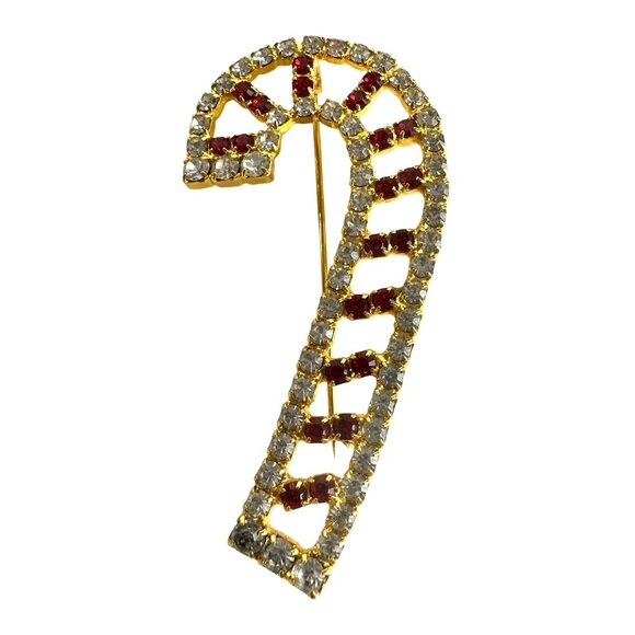 Vintage Candy Cane Rhinestone Brooch Red & Clear Christmas - Picture 1 of 2
